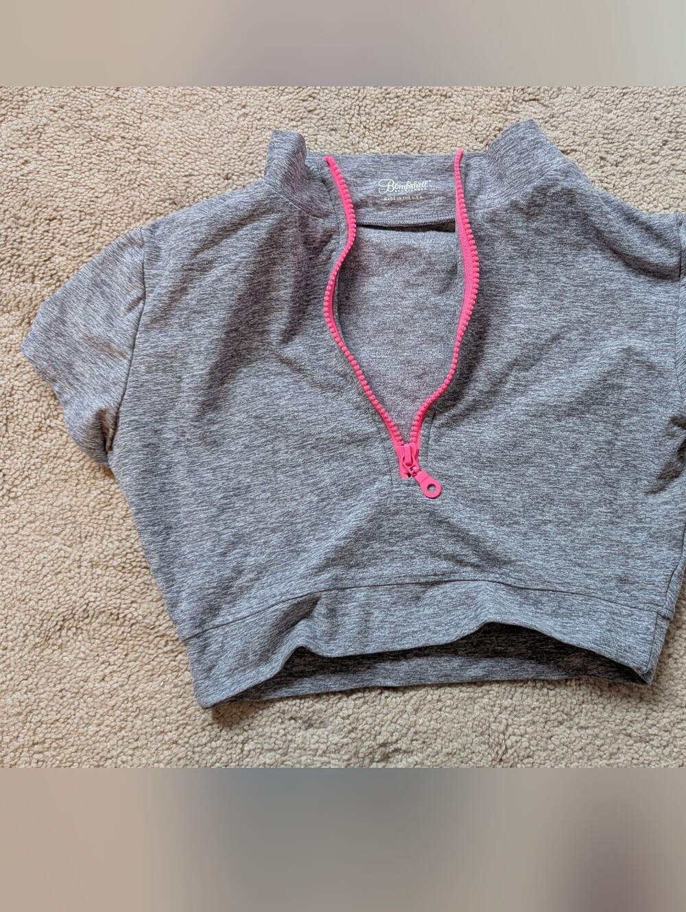 Bombshell Sportswear Gray Crop Top with Pink Half-Zip